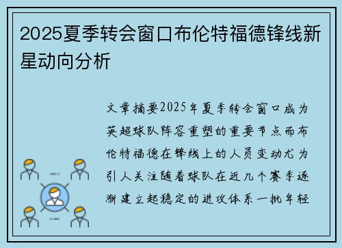 2025夏季转会窗口布伦特福德锋线新星动向分析 2025夏季转会窗口布伦特福德锋线新星动向分析