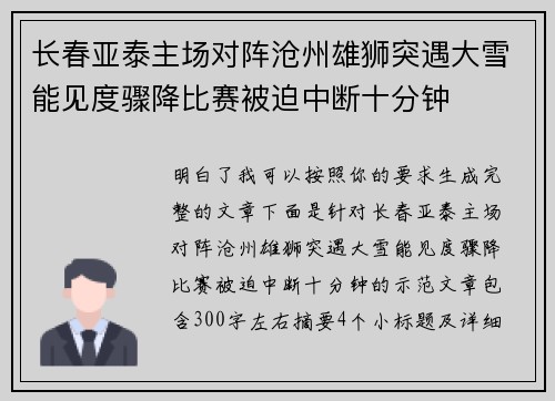 长春亚泰主场对阵沧州雄狮突遇大雪能见度骤降比赛被迫中断十分钟 长春亚泰主场对阵沧州雄狮突遇大雪能见度骤降比赛被迫中断十分钟