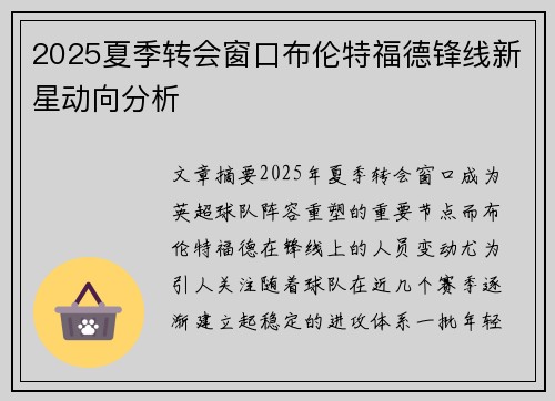 2025夏季转会窗口布伦特福德锋线新星动向分析