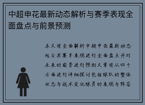 中超申花最新动态解析与赛季表现全面盘点与前景预测 中超申花最新动态解析与赛季表现全面盘点与前景预测